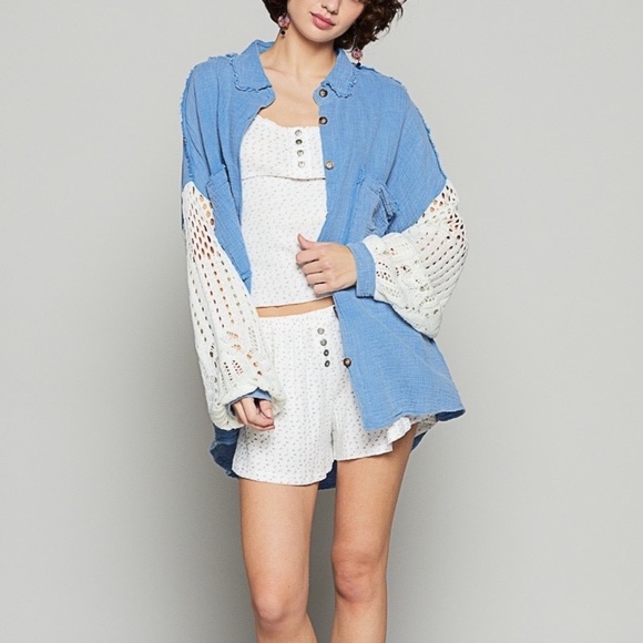 New POL Clothing Women's Gauze Knit Button Front Shacket Oversized Small Blue - Picture 1 of 10